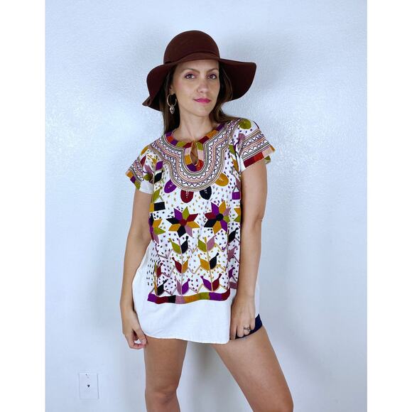 vintage 70s Cream EMBROIDERED STAR Mexican TOP os earth tone boho hippie Oaxacan - Picture 3 of 10